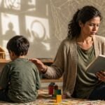 Madre revisando un libro escolar mientras protege a su hijo pequeño en casa ante la influencia ideológica en la educación