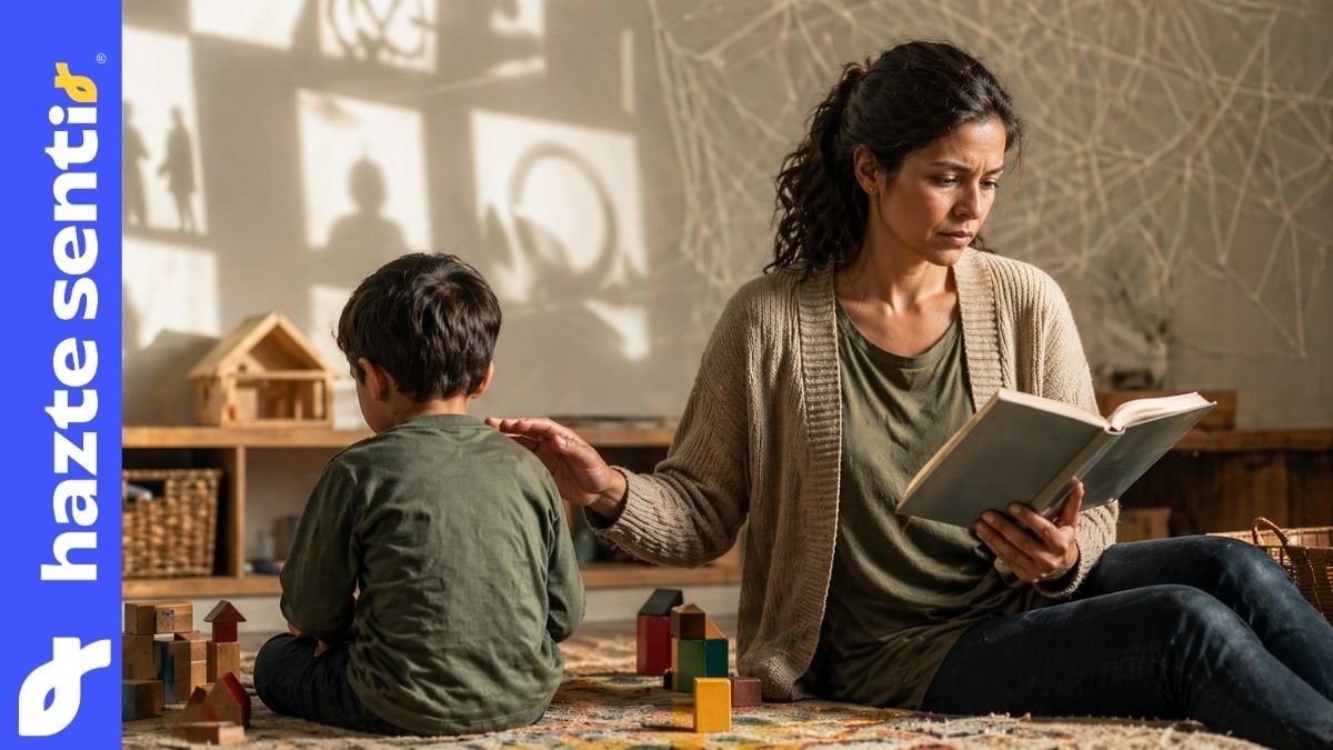 Madre revisando un libro escolar mientras protege a su hijo pequeño en casa ante la influencia ideológica en la educación