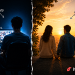 Persona aislada frente a una computadora contrastada con una pareja tomada de la mano, representando los efectos de la pornografía frente a las relaciones auténticas.
