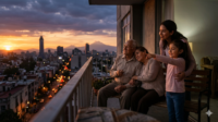 Familia en México protegiendo una luz al atardecer contra la ciudad moderna.