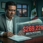 Ilustración conceptual ampliada de un diputado enfrentando una multa personal de $269,226 sobre su escritorio.