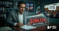 Ilustración conceptual ampliada de un diputado enfrentando una multa personal de $269,226 sobre su escritorio.