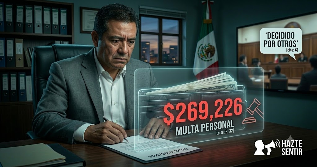 Ilustración conceptual ampliada de un diputado enfrentando una multa personal de $269,226 sobre su escritorio.