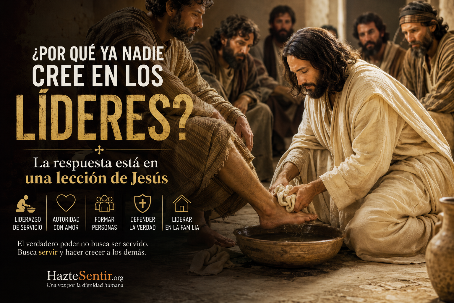 Jesús lavando los pies de sus discípulos como ejemplo de liderazgo de servicio y humildad.
