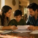 Padre y madre revisando juntos los materiales escolares de su hijo en casa para proteger su formación y libertad educativa