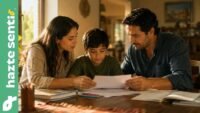 Padre y madre revisando juntos los materiales escolares de su hijo en casa para proteger su formación y libertad educativa