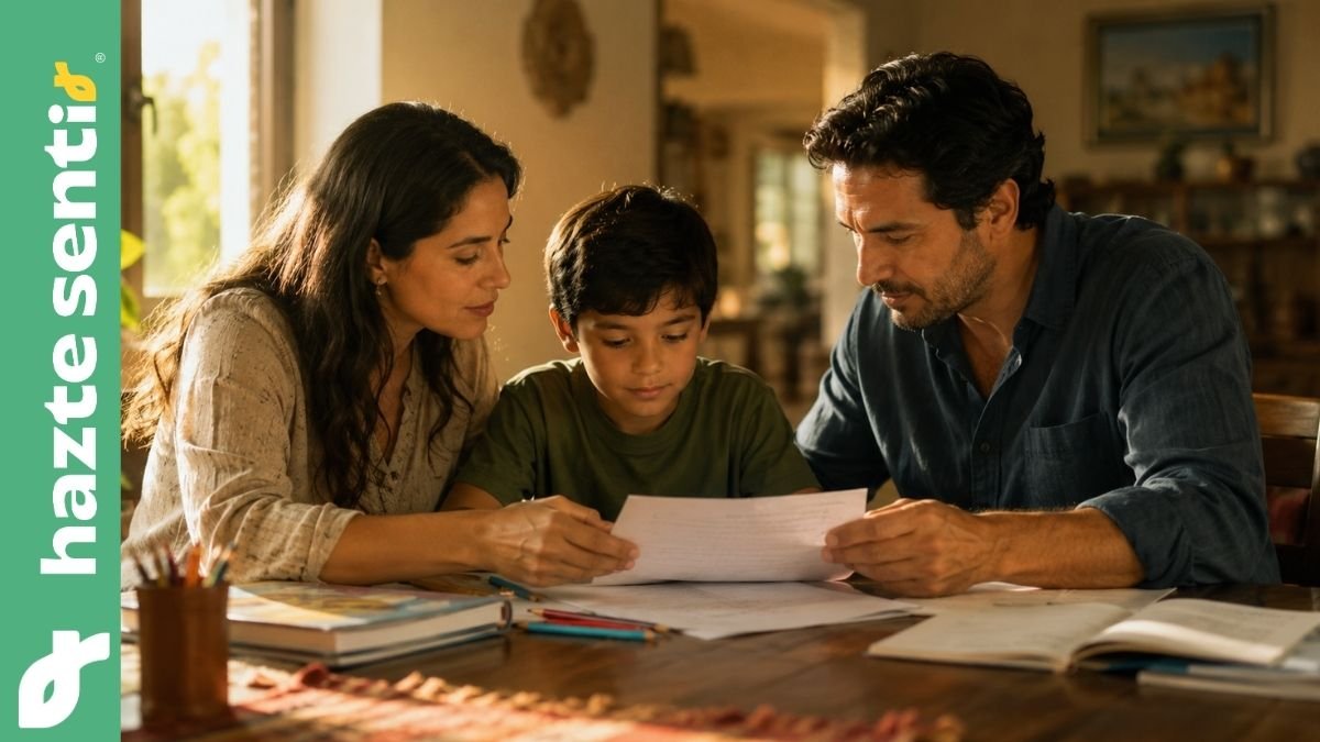 Padre y madre revisando juntos los materiales escolares de su hijo en casa para proteger su formación y libertad educativa