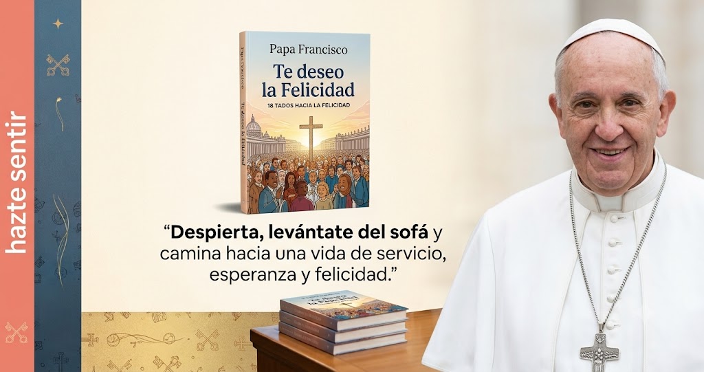 Portada del libro Te deseo la Felicidad del Papa Francisco sobre los 15 pasos hacia la felicidad.