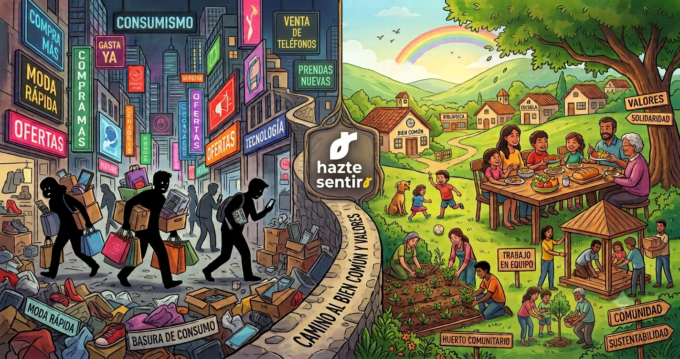 Ilustración sobre el consumismo y la importancia de recuperar el bien común, la familia y los valores humanos.actual