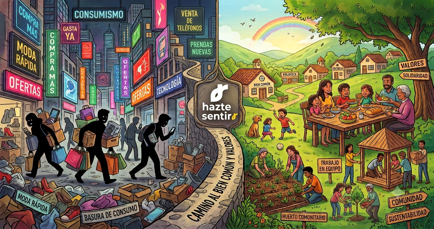 Ilustración sobre el consumismo y la importancia de recuperar el bien común, la familia y los valores humanos.actual