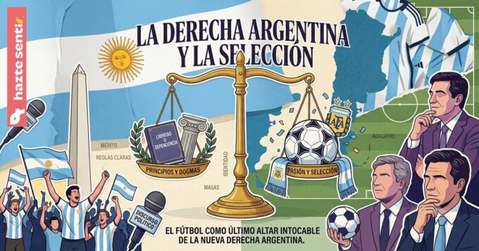 Hinchas y dirigentes celebrando junto a la bandera argentina, símbolo del debate sobre la derecha argentina y la Selección
