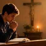 Joven en oración buscando descubrir su vocación y discernir el llamado de Dios
