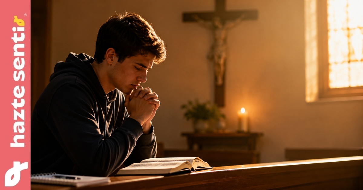 Joven en oración buscando descubrir su vocación y discernir el llamado de Dios