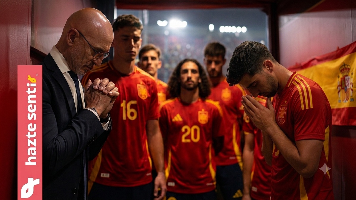 Seleccionador y jugadores de España en actitud de oración y concentración durante el Mundial 2026