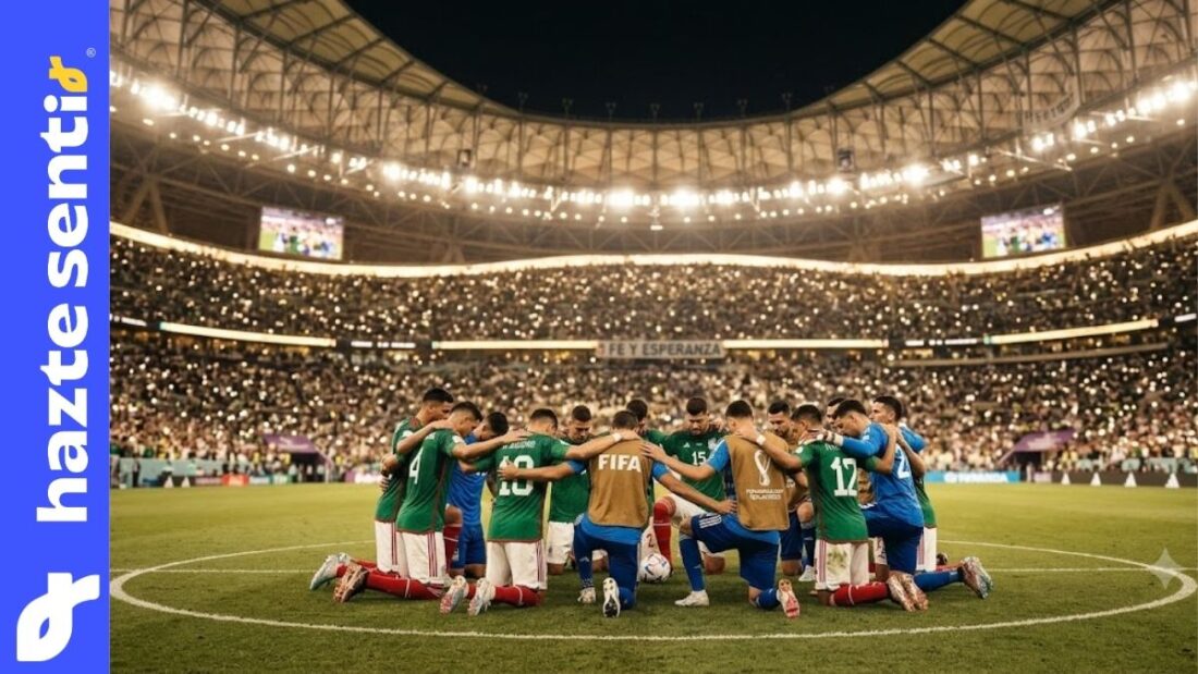 Jugadores reunidos en oración como expresión de la fe cristiana en el Mundial de Fútbol.