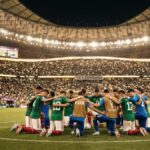 Jugadores reunidos en oración como expresión de la fe cristiana en el Mundial de Fútbol.