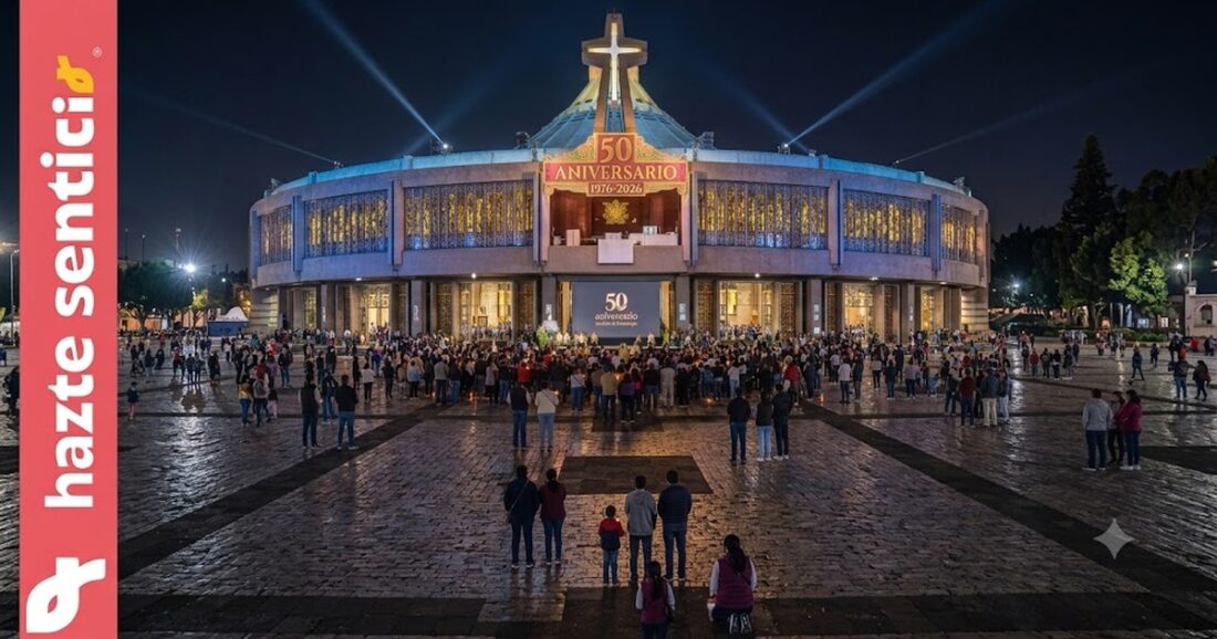 Familia mexicana caminando hacia la Basílica de Guadalupe durante su 50 aniversario como símbolo de fe y tradición