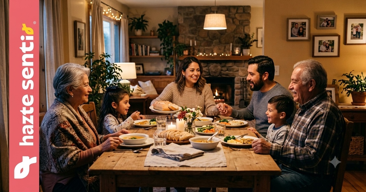 Familia católica compartiendo un momento de paz en casa como signo de límites saludables en la familia