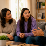 Padres conversando con una adolescente sobre prevención de la violencia en el noviazgo y relaciones sanas