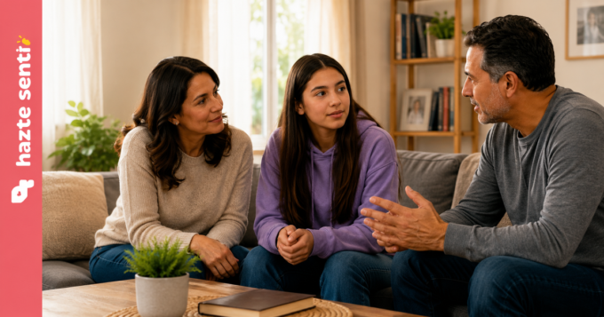 Padres conversando con una adolescente sobre prevención de la violencia en el noviazgo y relaciones sanas