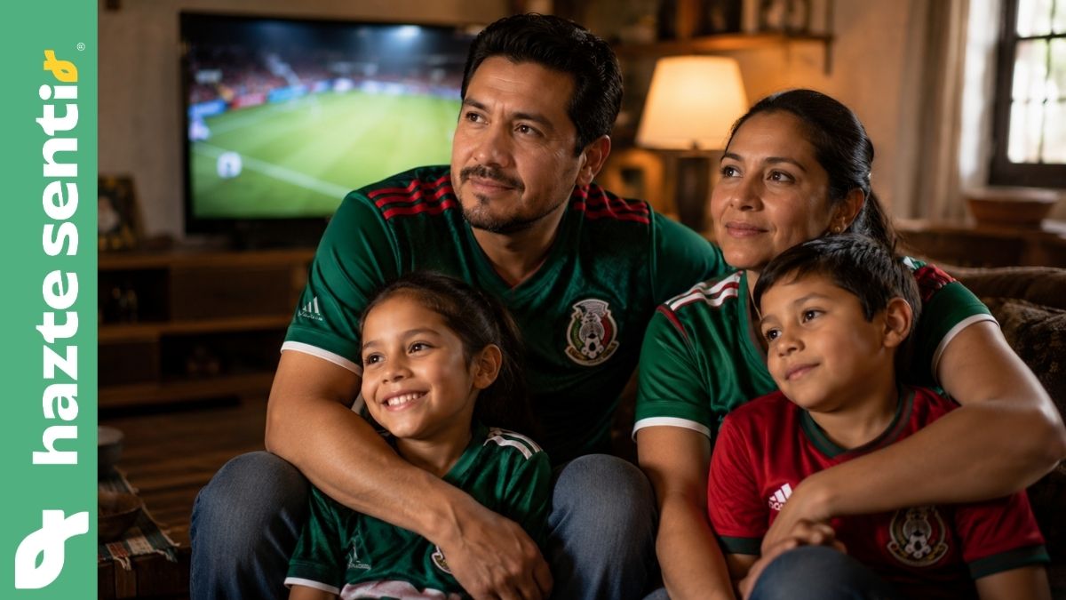Familia mexicana viendo fútbol en casa como símbolo de unidad nacional y reconstrucción del tejido social en México