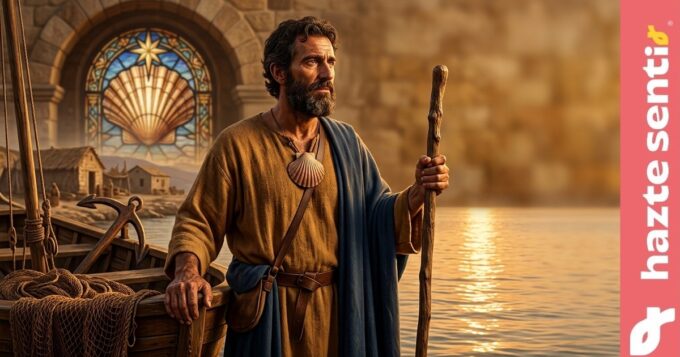Santiago el Mayor apóstol dejando las redes de pesca para seguir a Cristo como signo de vocación y entrega