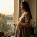 Mujer embarazada mirando por una ventana con expresión reflexiva, luz cálida de atardecer