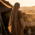 Escena de ambientación bíblica al atardecer, mujer con vestimenta de época junto a una tienda de campaña en el desierto
