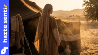 Escena de ambientación bíblica al atardecer, mujer con vestimenta de época junto a una tienda de campaña en el desierto