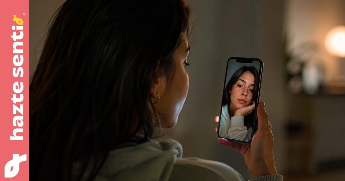 Joven mirando su reflejo en la pantalla del celular, símbolo de la banalización del cuerpo en redes sociales