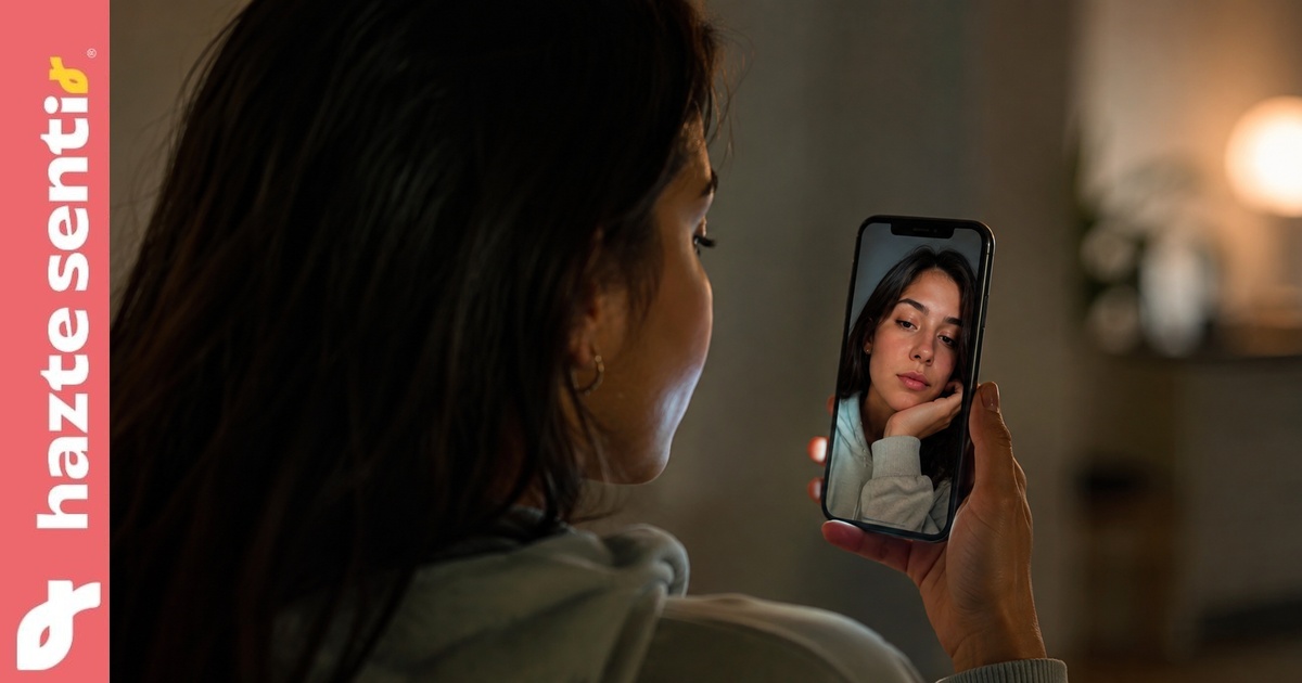 Joven mirando su reflejo en la pantalla del celular, símbolo de la banalización del cuerpo en redes sociales