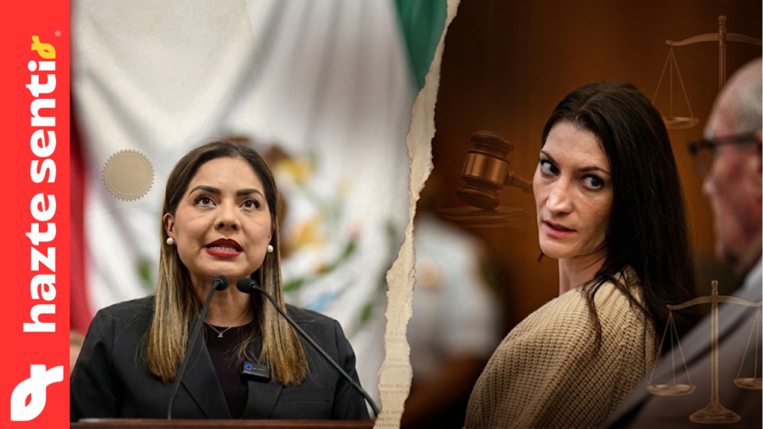 Composición fotográfica dividida que muestra a la diputada Brenda Ruiz en la tribuna del Congreso de la CDMX y a Lindsay Clancy en un tribunal de EE. UU.