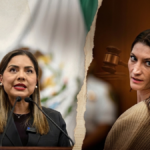 Composición fotográfica dividida que muestra a la diputada Brenda Ruiz en la tribuna del Congreso de la CDMX y a Lindsay Clancy en un tribunal de EE. UU.