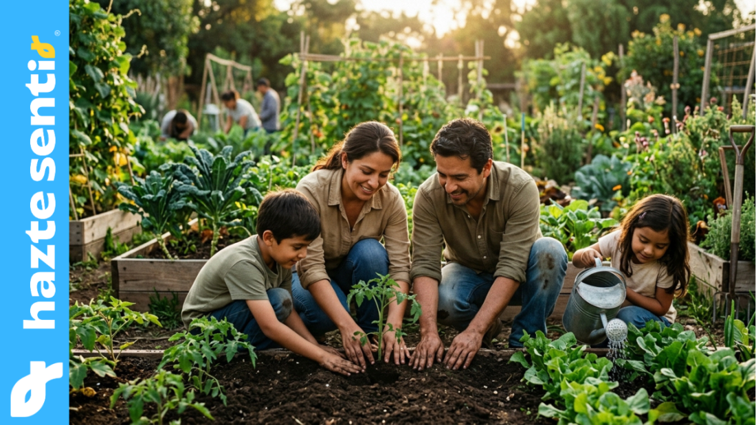 Familia cuidando la naturaleza como parte del cuidado de la casa común