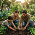Familia cuidando la naturaleza como parte del cuidado de la casa común