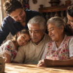 Familia mexicana abrazando a sus abuelos durante el Día de los Abuelos en México