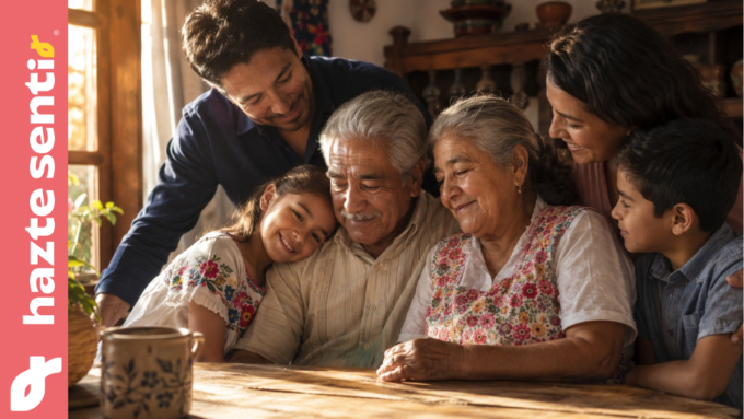 Familia mexicana abrazando a sus abuelos durante el Día de los Abuelos en México