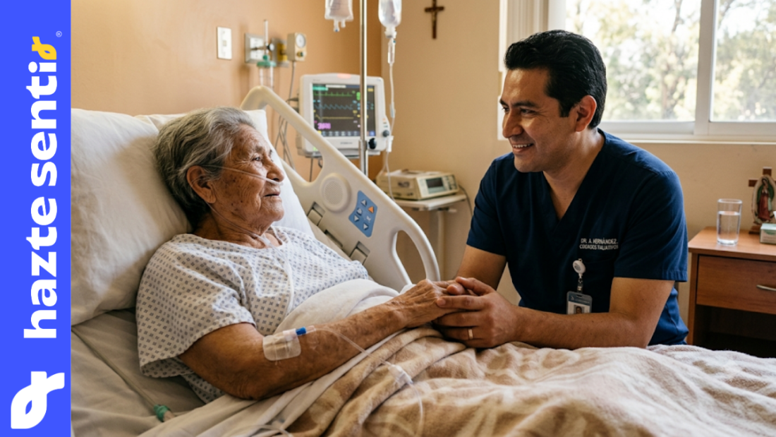 Un médico sosteniendo con empatía la mano de un paciente anciano en una cama de hospital, simbolizando los cuidados paliativos y el acompañamiento digno.