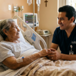 Un médico sosteniendo con empatía la mano de un paciente anciano en una cama de hospital, simbolizando los cuidados paliativos y el acompañamiento digno.