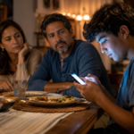 Familia reunida en la mesa dejando los celulares a un lado para recuperar el silencio interior y la convivencia