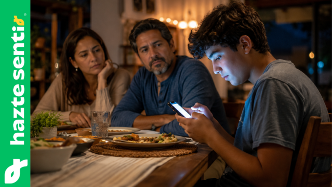 Familia reunida en la mesa dejando los celulares a un lado para recuperar el silencio interior y la convivencia