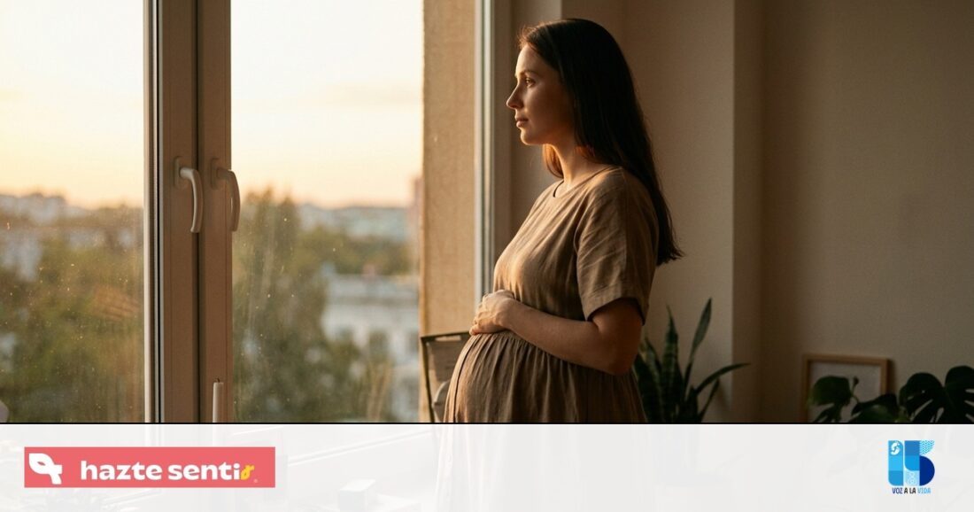 Mujer embarazada mirando por una ventana con expresión reflexiva, luz cálida de atardecer