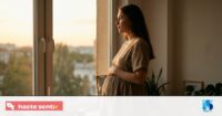 Mujer embarazada mirando por una ventana con expresión reflexiva, luz cálida de atardecer