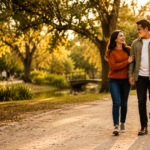 Pareja joven caminando sin mirar el celular como símbolo de un noviazgo real sin redes sociales