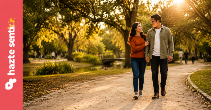 Pareja joven caminando sin mirar el celular como símbolo de un noviazgo real sin redes sociales