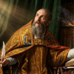 San Agustín de Hipona en actitud de oración y reflexión como símbolo del corazón inquieto que encuentra descanso en Dios