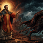Ilustración conceptual de San Bartolomé sosteniendo las cadenas del diablo el 24 de agosto.