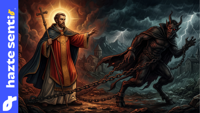Ilustración conceptual de San Bartolomé sosteniendo las cadenas del diablo el 24 de agosto.