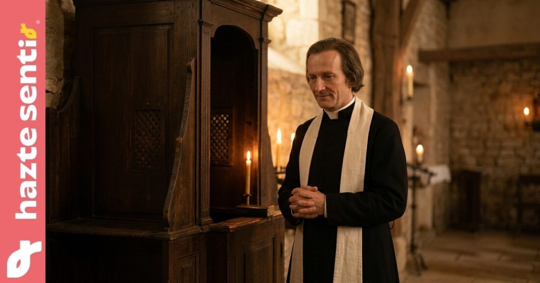 San Juan María Vianney Cura de Ars en una iglesia sencilla como símbolo de fidelidad sacerdotal y misericordia
