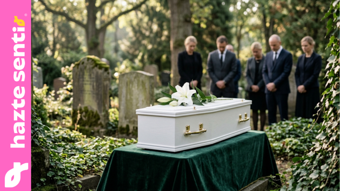 Un pequeño ataúd blanco de madera adornado con una flor blanca durante una ceremonia de sepultura digna, simbolizando el respeto a los bebés no nacidos.
